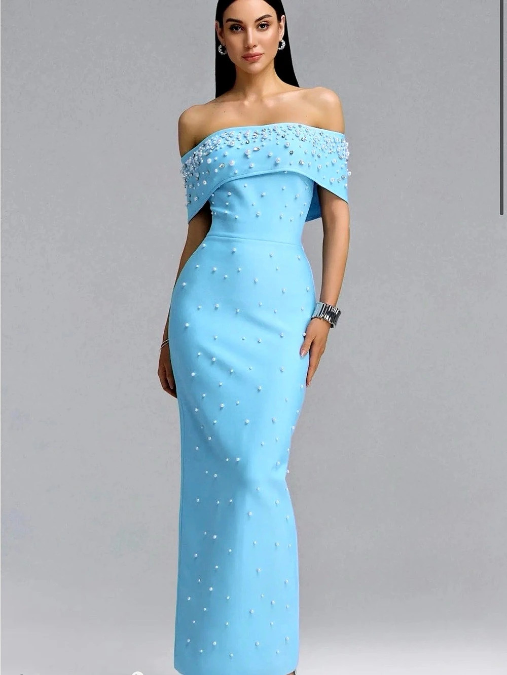 Bella Barnett Isme Elegant Contour Off-Shoulder Beaded Maxi Dress NWT